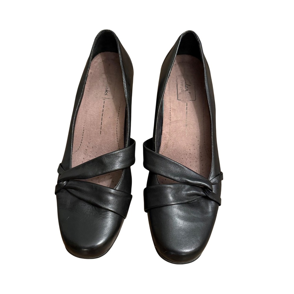 Clarks Leather Comfort Dress Pumps Heels‎ Black Knot Detail Size 9.5